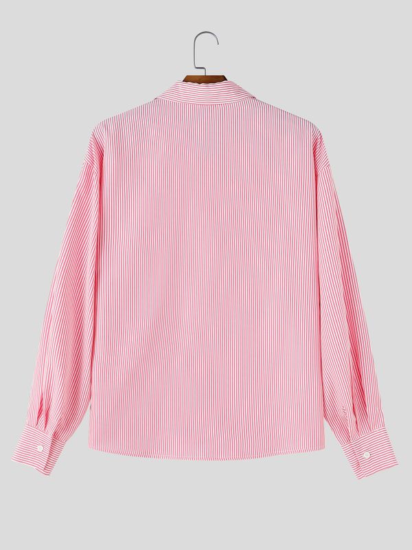 Men's Smart Chic Daily Commute Vertical Stripe Silk Satin Chest Pocket Shirt SKUL86800