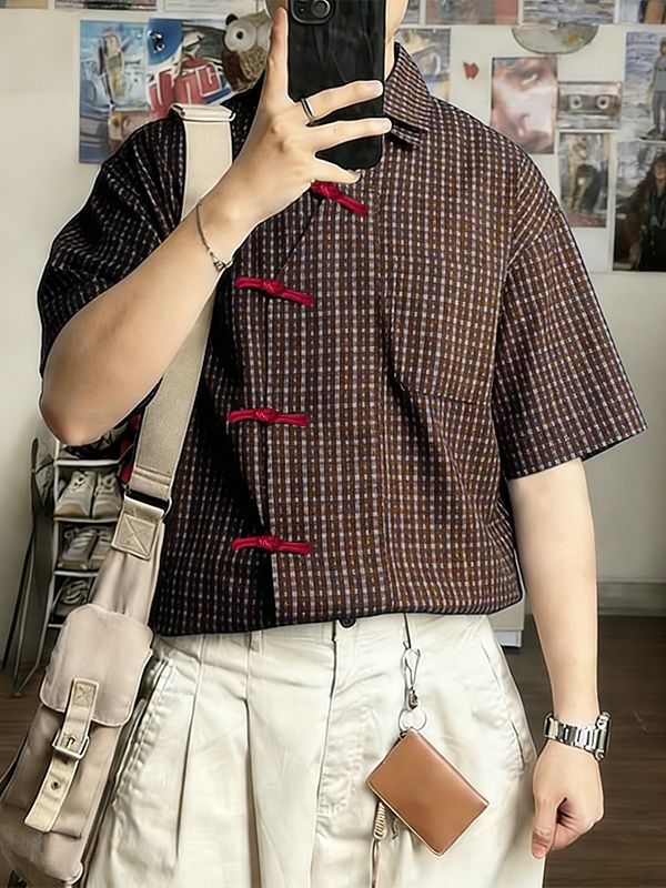 Men's Plaid Color Block Asymmetric Short Sleeve Shirt SKUL57119