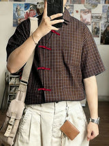 Men's Plaid Color Block Asymmetric Short Sleeve Shirt SKUL57119