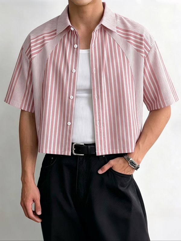 Men's American Vintage Vertical Stripe Drop-Shoulder Cropped Short Sleeve Shirt SKUL71273