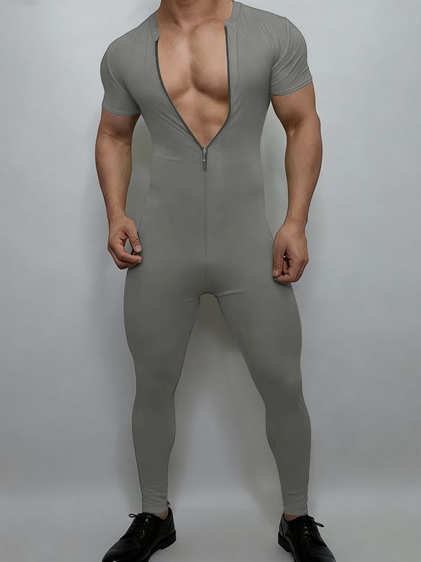 Men's Slim Fit Crew Neck Zipper Short Sleeve Bodysuit SKUL48656