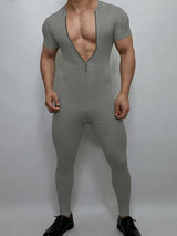 Men's Slim Fit Crew Neck Zipper Short Sleeve Bodysuit SKUL48656