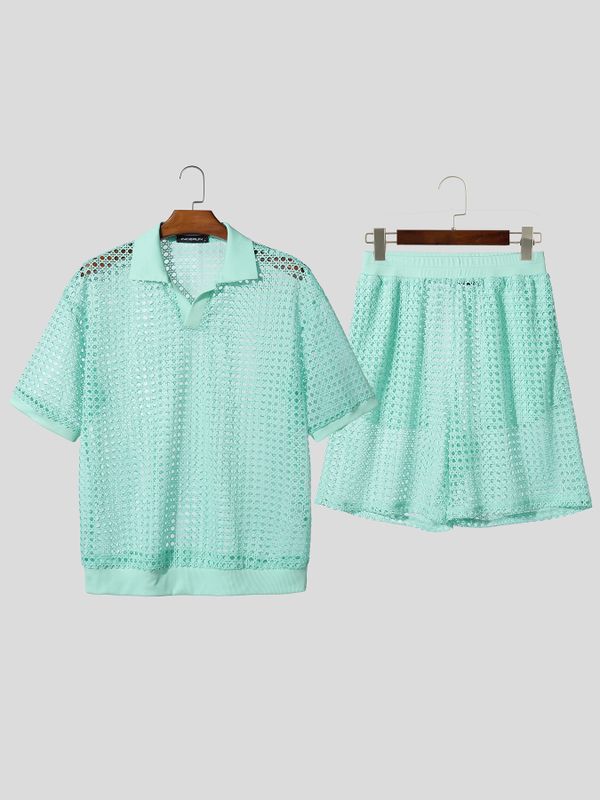 Men's Solid Color Sheer Mesh Turn Down Collar Two Pieces Outfit SKUL58676