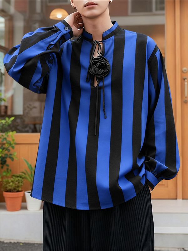 Men's 3D Floral Patchwork Striped Long Sleeve Shirt SKUL47790