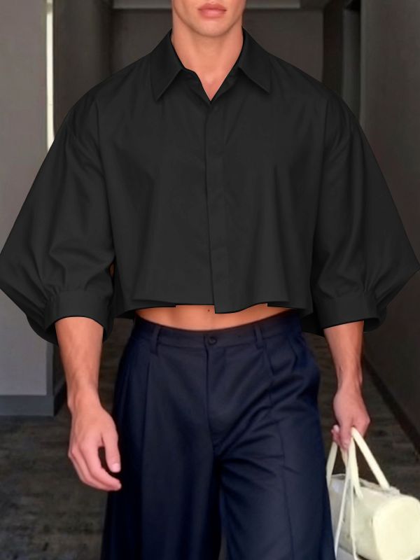 Men's Solid Color Cropped Puff Sleeve Shirt SKUL42634