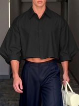 Men's Solid Color Cropped Puff Sleeve Shirt SKUL42634