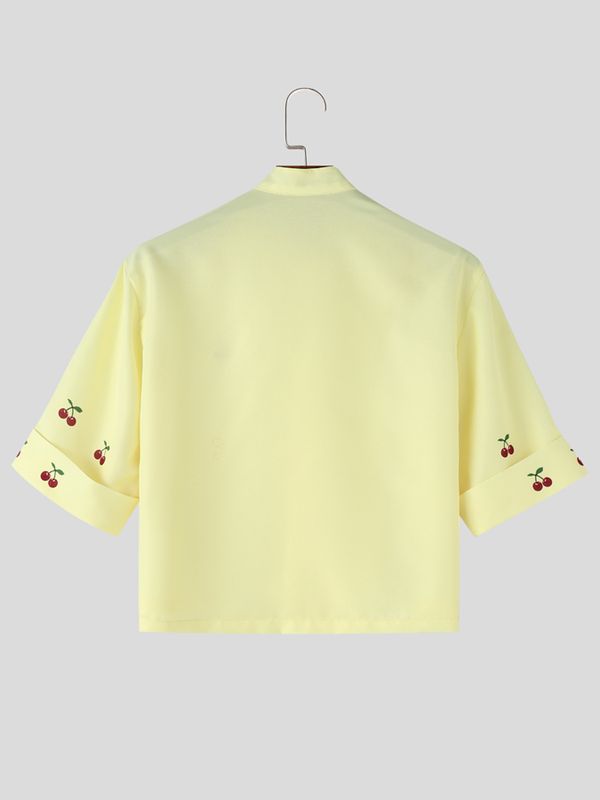 Men's Modern Chinese Mandarin Collar Frog Button Cherry Print Cropped Short Sleeve Shirt SKUL60983