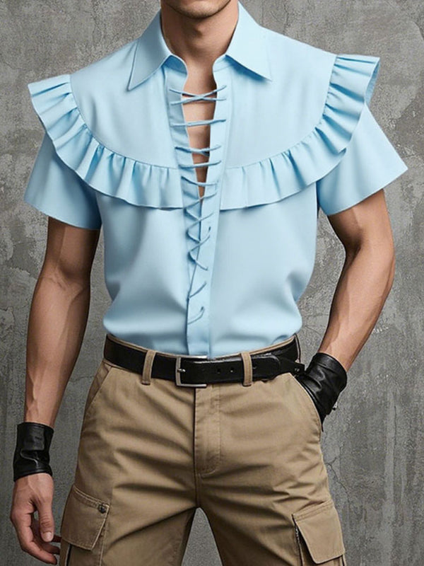 Men's Casual Lace Up Interwoven Short Sleeve Shirt SKUL10752
