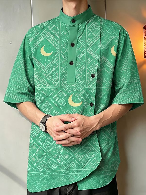 Men's Crescent Moon Geometric Print Asymmetric Placket Short Sleeve Shirt SKUL61012