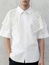 Men's Avant-Garde Floral Lace Overlay Cape-Collar Short Sleeve Button-Down Shirt SKUL61666