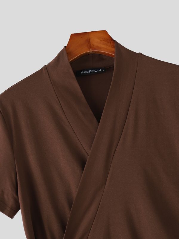 Men's Solid Color Tie Short Sleeve Cardigan SKUL60272
