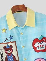Men's Cartoon Print Plaid Half Sleeve Shirt SKUL45986