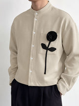 Men's Clean Fit 3D Rose Flower Patch Pocket Waffle Texture Long Sleeve Band Collar Shirt SKUL82419