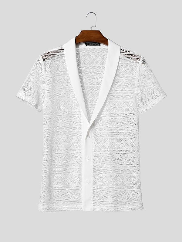 Men's Sheer Lace Mesh Short Sleeve Shirt SKUL57736
