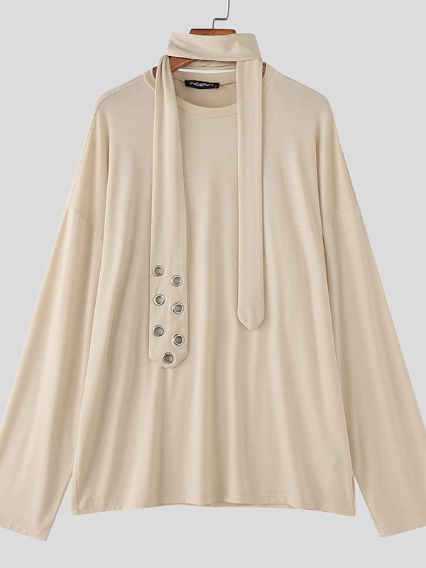 Men's Solid Color Thin Scarf Long Sleeve T-shirt SKUL47913