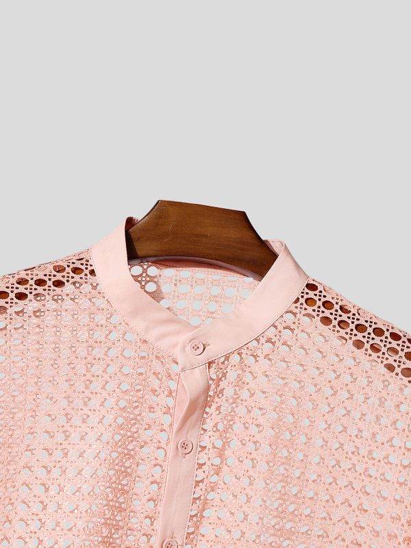 Men's Vintage Modern Chinese Mandarin Collar All-Over Eyelet Lace Cropped Short Sleeve Shirt SKUL71416
