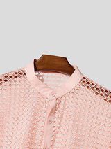 Men's Vintage Modern Chinese Mandarin Collar All-Over Eyelet Lace Cropped Short Sleeve Shirt SKUL71416