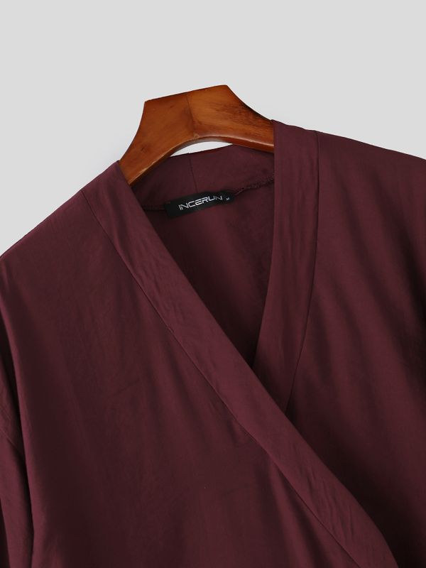Men's Retro Resort Cross Wrap Asymmetrical Hem Side Button Long Sleeve V-Neck Cardigan SKUL77326
