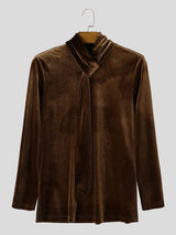 Men's Avant-Garde Early Autumn Velour Built-in Scarf Muscle Slim Long Sleeve Tie Neck T-shirt SKUL81739