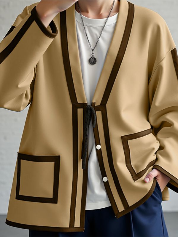 Men's Contrast Stitch Tie Long Sleeve Cardigan SKUL38999