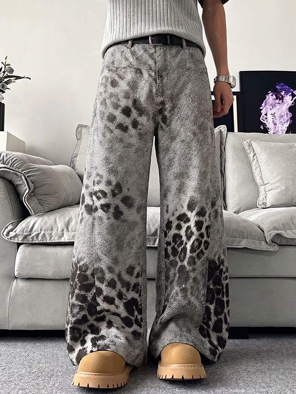Men's High-Street American Vintage Snow Washed Gradient Leopard Print Wide-Leg Drape Pant SKUL68323