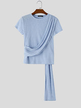 Men's Avant-Garde Party Draped Shoulder Sash Ruched Short Sleeve Round Neck T-shirt SKUL68400