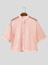 Men's Vintage Modern Chinese Mandarin Collar All-Over Eyelet Lace Cropped Short Sleeve Shirt SKUL71416