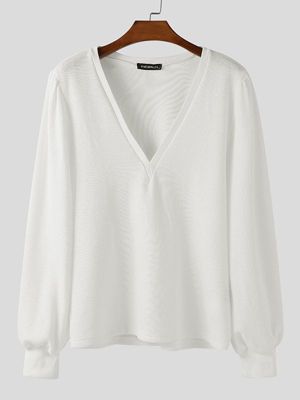 Men's Solid Color Textured V Neck Long Sleeve T-shirt SKUL48715