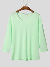 Men's Beach Resort Sheer Lightweight Deep V-Neck Long Sleeve T-shirt SKUL72650