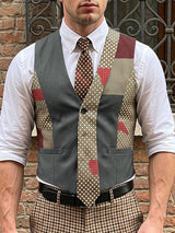 Men's Vintage Patchwork Faux-Tie Tailored Suit Waistcoat SKUL66931