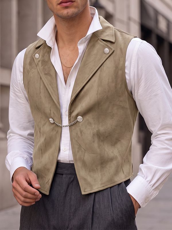 Men's Retro Quiet Luxury Cocktail Party Faux Suede Metal Chain Link Sleeveless Lapel Collar Waistcoat SKUL83165