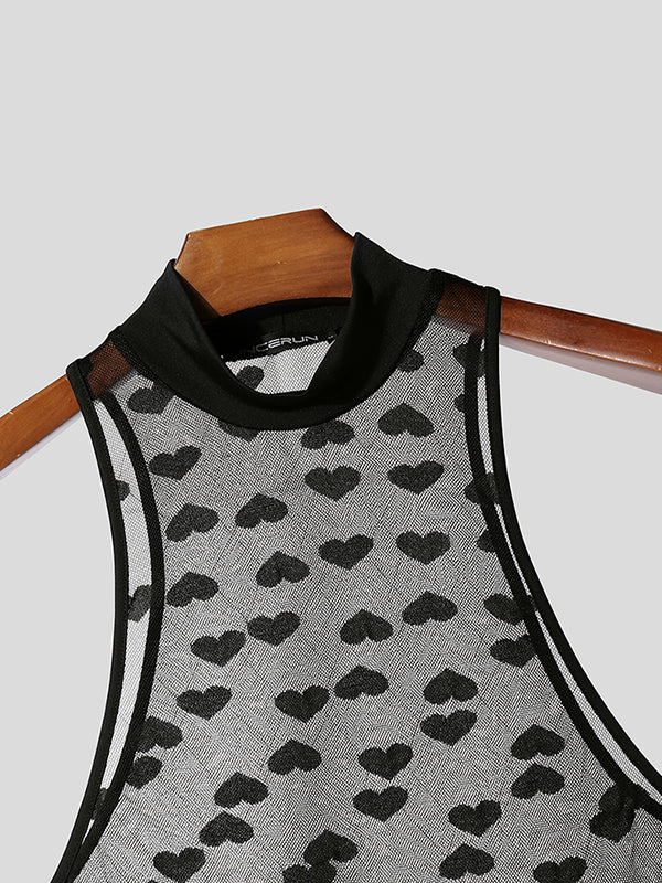 Mens Heart Print Sheer Mesh Sleeveless Bodysuit SKUL14187
