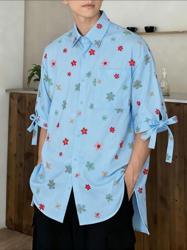 Men's Floral Print Bow Tie Half Sleeve Shirt SKUL41031