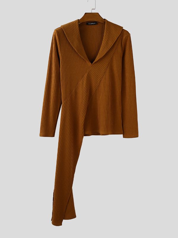 Men's Asymmetrical Hem Texture Long Sleeve T-Shirt SKUL29595