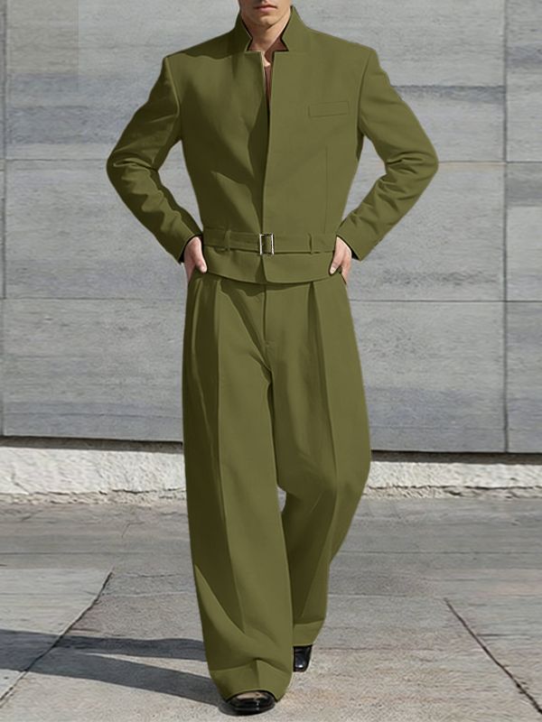 Men's Solid Color Stand Collar Two Pieces Outfit SKUL50816