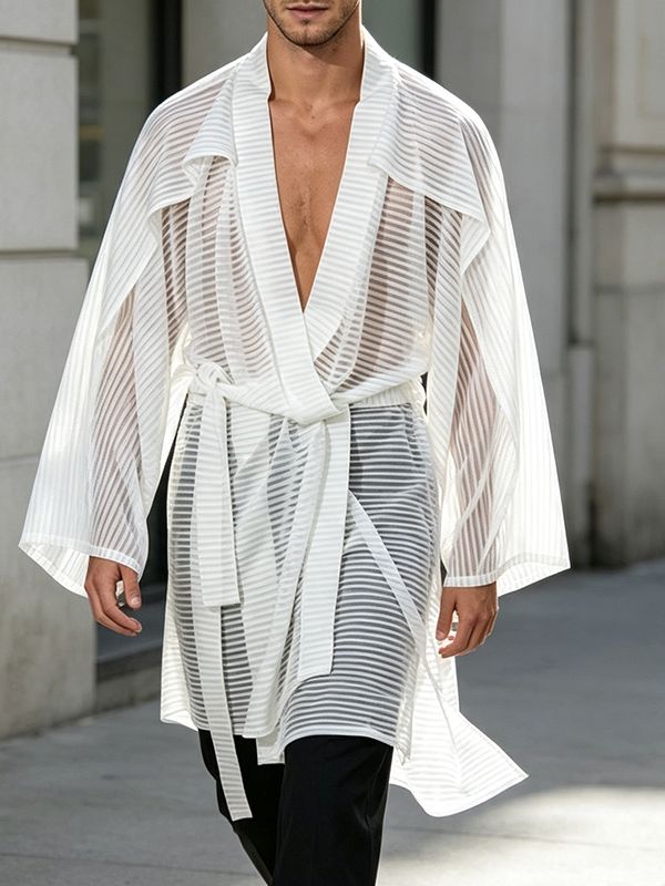 Men's Sexy Resort Sheer Mesh Stripe Belted Long Sleeve Lapel Collar Cardigan SKUL78133