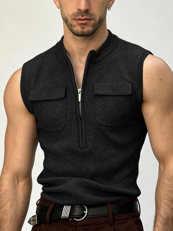 Men's Vintage Casual Half-Zip Knit Fitted Muscle Cargo Tank SKUL69703