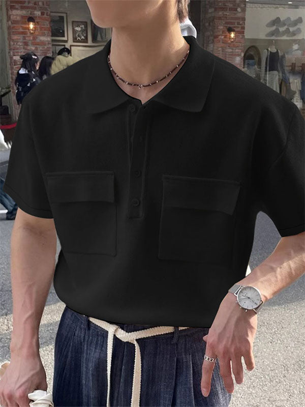 Men's Solid Color Knit Double Pocket Short Sleeve Shirt SKUL21109