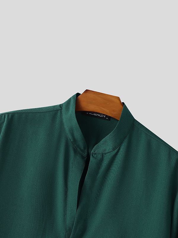 Men's Solid Color Stand Collar Short Sleeve Shirt SKUL49921