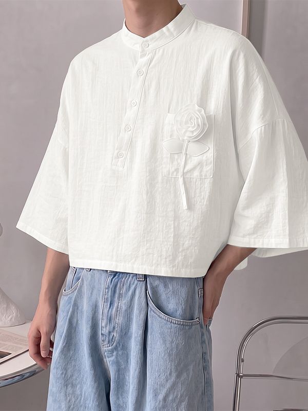 Men's Neo-Chinese Romantic Art Exhibition 3D Rose Flower Mandarin Collar Cropped Shirt SKUL85968