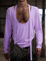 Men's Ribbon Patchwork Padded Shoulder Long Sleeve T-shirt SKUL42447