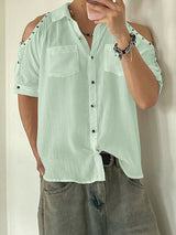 Men's Avant-Garde Riveted Cold-Shoulder Utility Short Sleeve Shirt SKUL54737