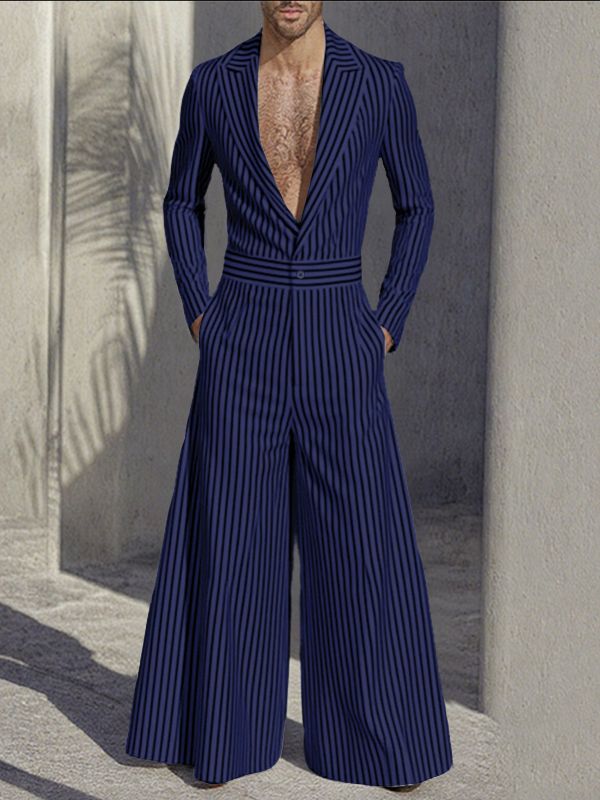 Men's Striped Casual Long Sleeve Jumpsuit SKUL30632