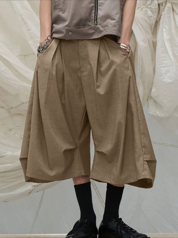 Men's Avant-Garde Zen-Style Architectural Pleated Wide-Leg Cropped Pant SKUL65174