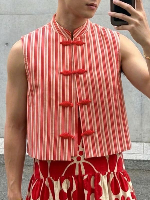 Men's Striped Frog Button Casual Tank SKUL56650