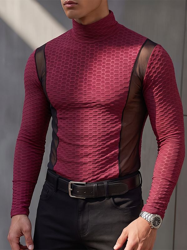 Men's Athletic Muscle Gym Workout Sheer Spliced Honeycomb Jacquard T-shirt SKUL84577