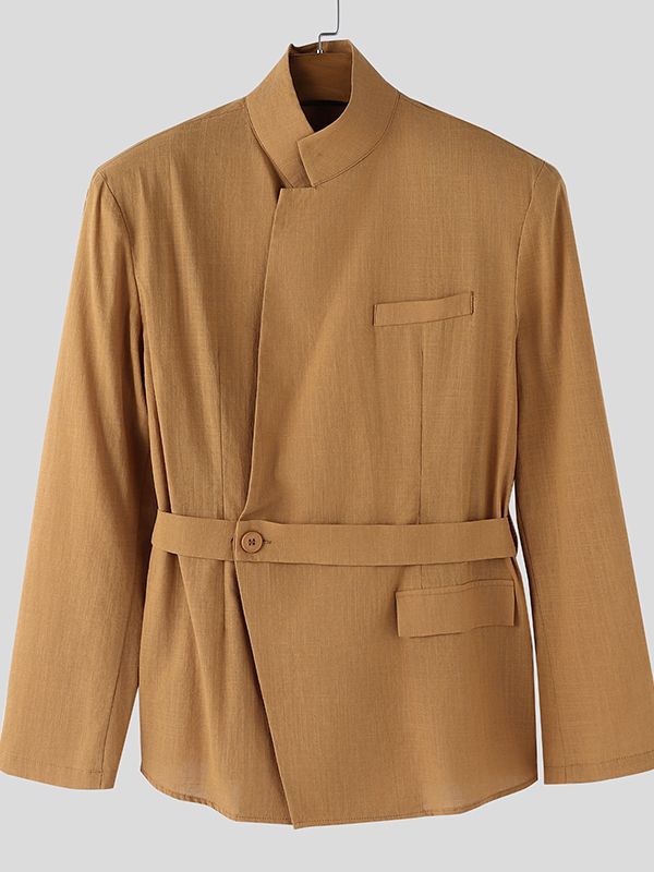 Men's Solid Color Minimalist Stand Collar Long Sleeve Shirt SKUL43669