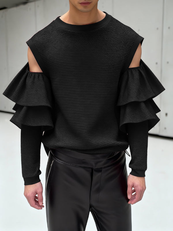 Men's Cutout Design Ruffle Long Sleeve T-shirt SKUL46571