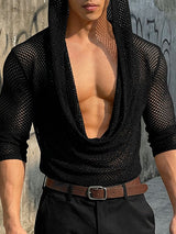 Men's Sheer Mesh Draped Neck Hooded Half Sleeve T-shirt SKUL54043
