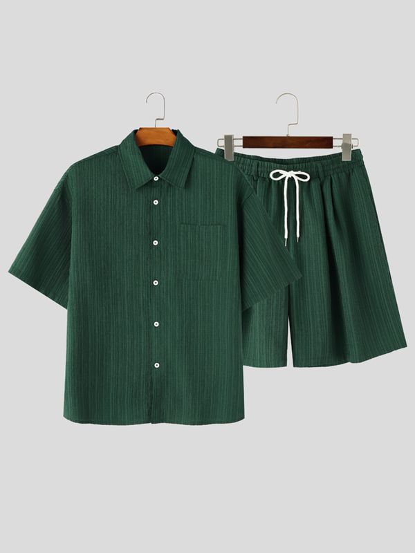 Men's Vintage High Street Slub Pleated Textured Two Pieces Outfit SKUL72615